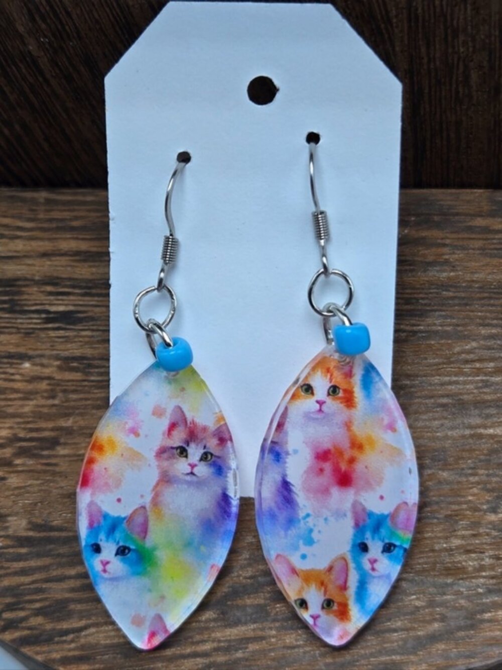 NWT Lisa Frank Inspired Cat Earrings Pierced Acrylic Glass Beads Figural Dangle